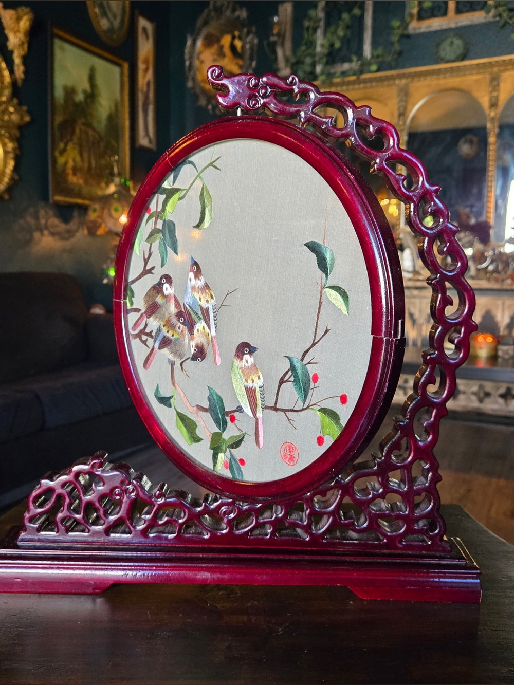 Chinese Silk Embroidery Art Birds & Cherry Blossoms in Carved Wood Frame